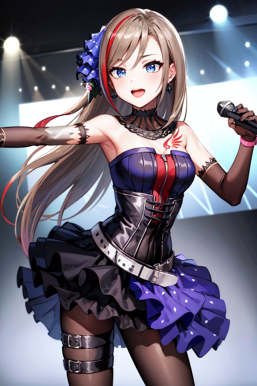 masterpiece, best quality, highres, aanatsume, long hair, multicolored hair, hair ornament, choker, bare shoulders, tattoo, frills, black dress, corset, bracelet, elbow gloves, black gloves, belt, thigh strap, black skirt, black pantyhose, <lora:kurusu_natsume_v1:0.7>, standing, cowboy shot, stage, holding microphone, open mouth,  smile, arms at sides, 