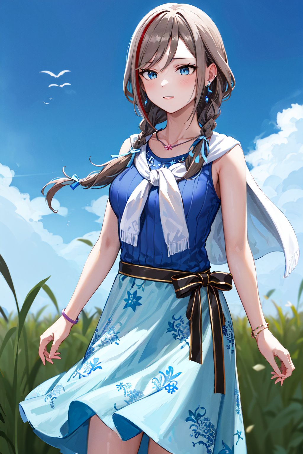 masterpiece, best quality, highres, aanatsume, long hair, multicolored hair, twin braids, hair ribbon, blue ribbon, hair over shoulder, earrings, medium breasts, collarbone, necklace, stole, blue shirt, sleeveless, bracelet, sash, black ribbon, floral print, blue skirt, <lora:kurusu_natsume_v1:0.7>, standing, cowboy shot, outdoors, field, blue sky