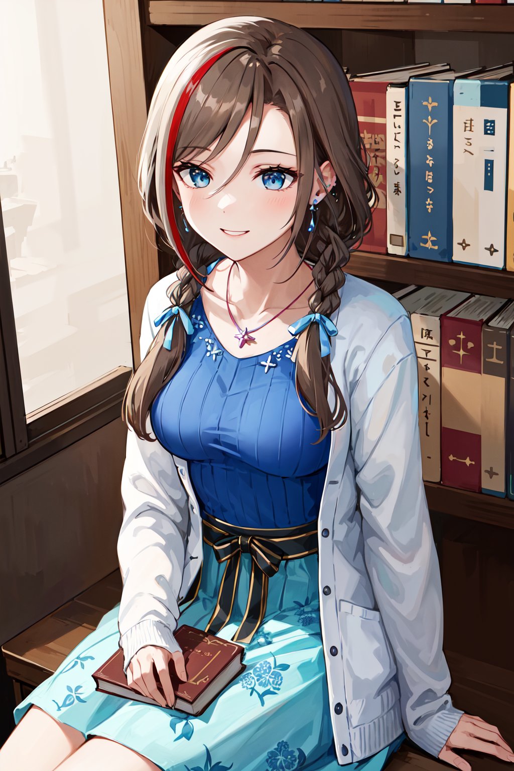 masterpiece, best quality, highres, aanatsume, long hair, multicolored hair, twin braids, hair ribbon, blue ribbon, hair over shoulder, earrings, medium breasts, collarbone, necklace, blue shirt, white cardigan, sash, black ribbon, floral print, blue skirt, <lora:kurusu_natsume_v1:0.7>, library, sitting, book, bookshelf, smile,