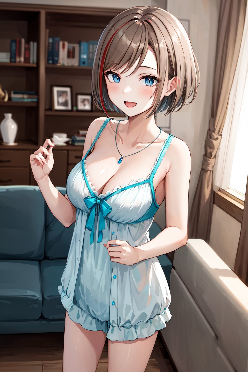 masterpiece, best quality, highres, aanatsume, short hair, multicolored hair, necklace, collarbone, cleavage, camisole, dress, pajamas, sleeveless, bottomless, <lora:kurusu_natsume_v1:0.7>, living room, standing, cowboy shot, smile, open mouth, 