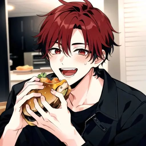1boy, eating a hamburger, nom hamburger, red hair, <lora:HamburgeranimeV1:0.6>, ((dirty face)), half bitten, inside, home, cheese, two hands, short hair, cute face, black jacket, smile, open mouth, solo