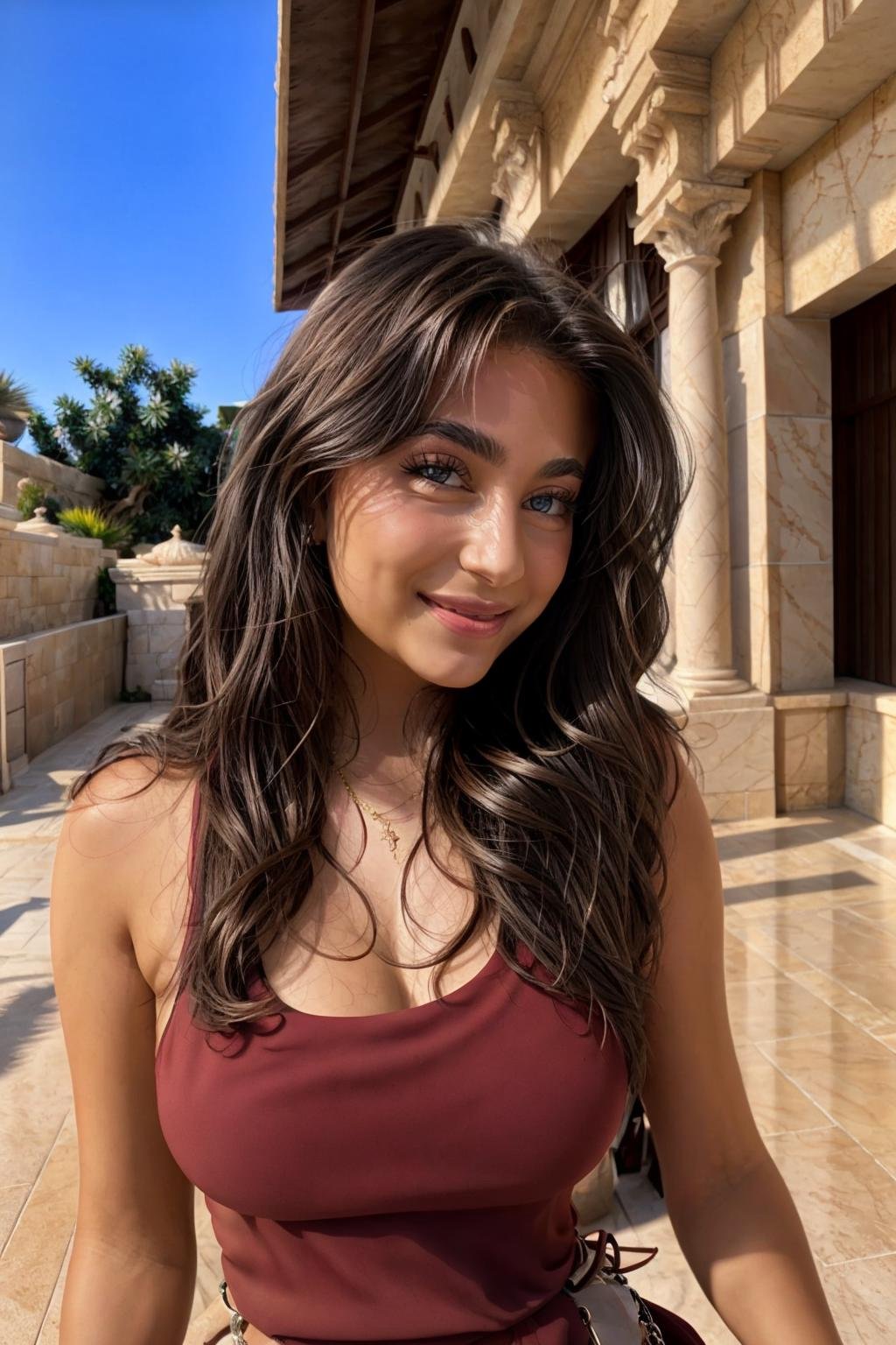 <lora:tclrv_v1:1> tclrv, masterpiece, best cinematic quality, photorealistic highly detailed 8k raw photo, volumetric lighting, volumetric shadows, realistic highly detailed skin texture, young woman, infernal palace background, light smile