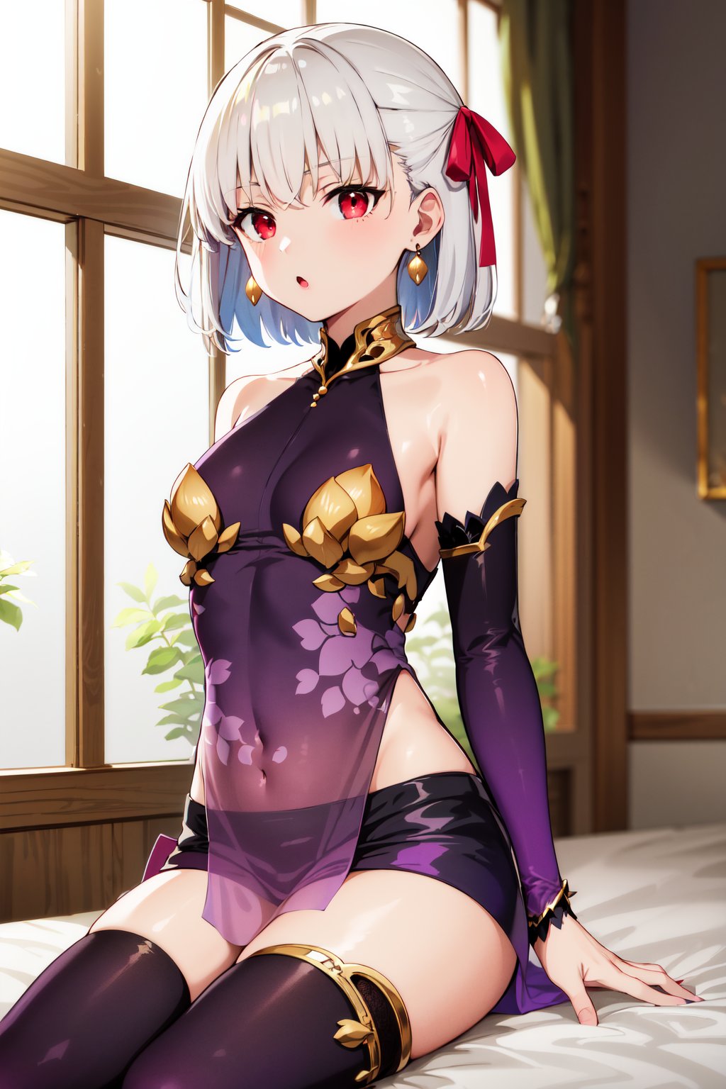 masterpiece, best quality, highres, aakama, short hair, hair ribbon, red eyes, earrings, metal collar, bare shoulders, purple dress, detached sleeves, armlet, pelvic curtain, purple skirt, miniskirt, thighhighs, <lora:kama_(fgo)_v1:0.8>, indoors, sitting, :o