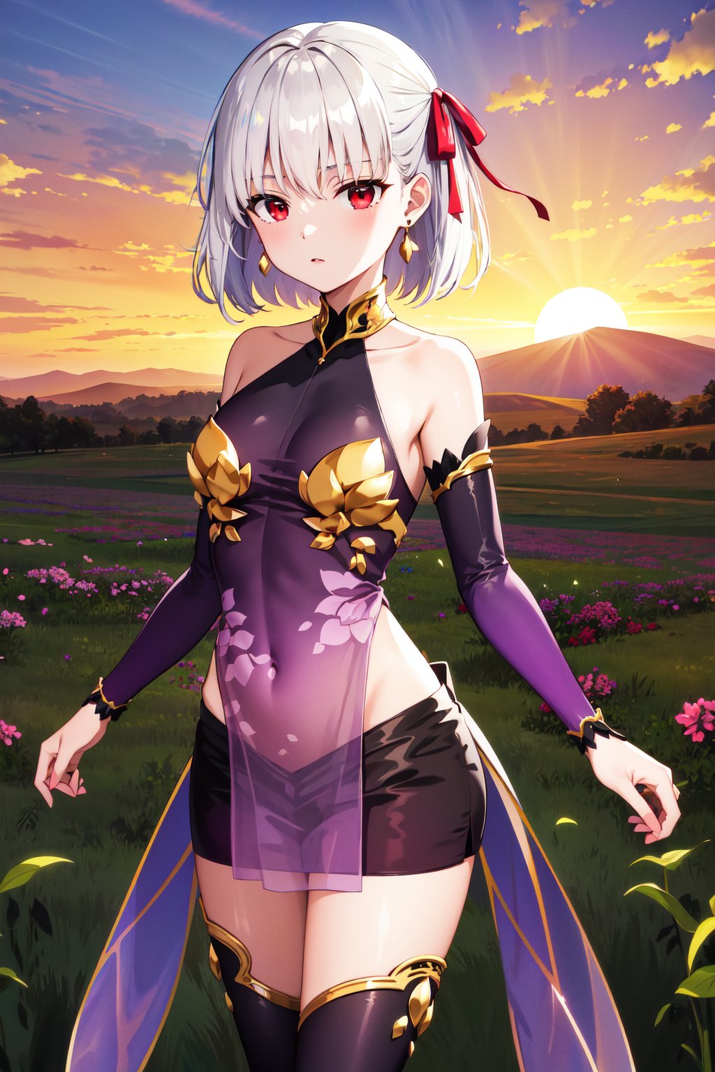 masterpiece, best quality, highres, aakama, short hair, hair ribbon, red eyes, earrings, metal collar, bare shoulders, purple dress, detached sleeves, armlet, pelvic curtain, purple skirt, miniskirt, thighhighs, <lora:kama_(fgo)_v1:0.8>, cowboy shot, standing, field, sunset, 