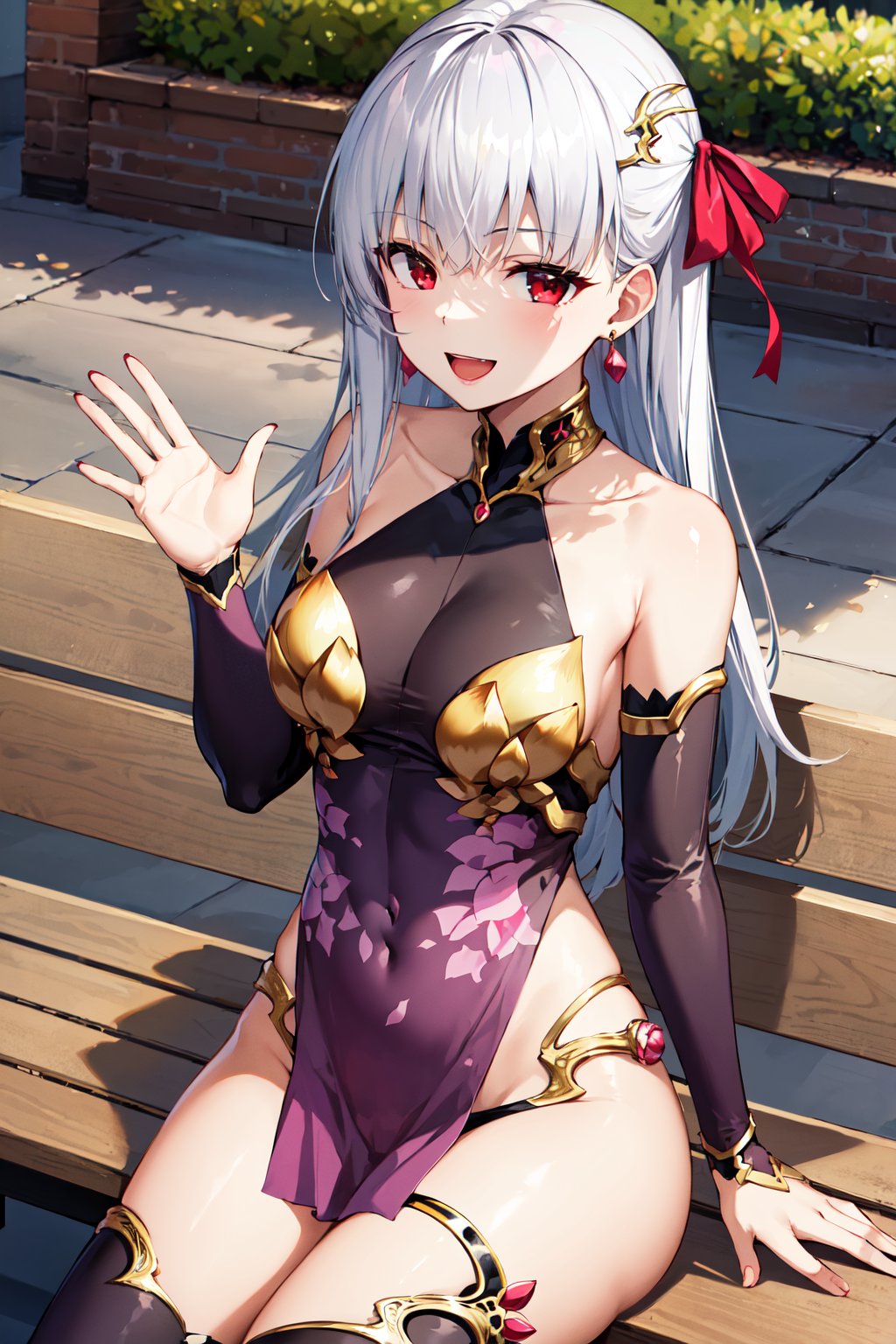 masterpiece, best quality, highres, bbkama, long hair, hair ribbon, hair ornament, red eyes, earrings, metal collar, bare shoulders, dress, detached sleeves, armlet, thighlet, <lora:kama_(fgo)_v1:0.8>, outdoor, sittingm bench, smile, open mouth, waving, 