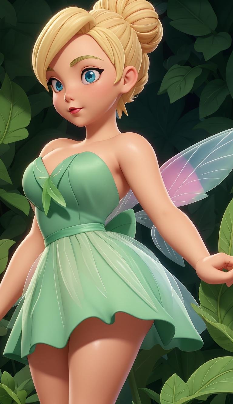 <lora:Tinker_Bell:0.8>, Blonde hair in a high bun, blue eyes, fair skin, arched eyebrows, pink lipstick, green leafy dress, translucent wings, surprised expression, standing, small breast, thick, detailed eyes, 