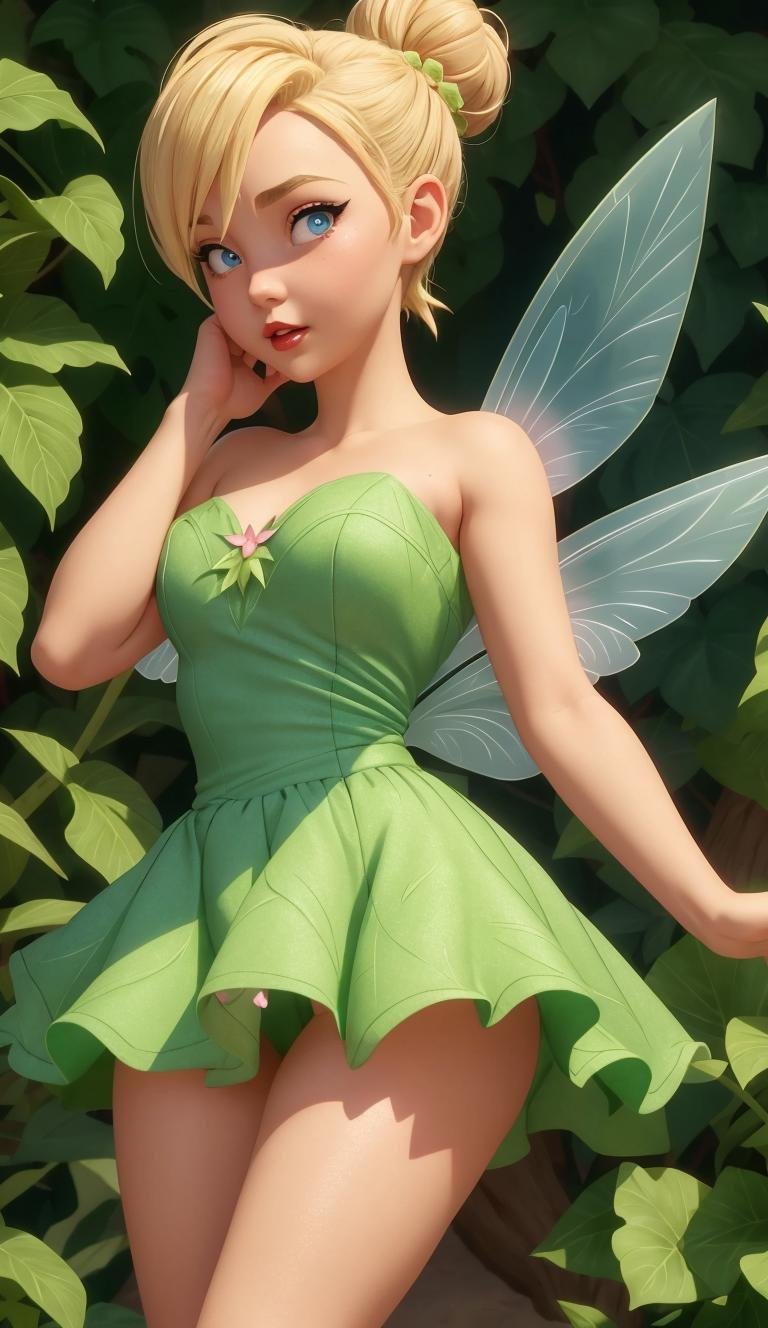 <lora:Tinker_Bell:0.8>, Blonde hair in a high bun, blue eyes, fair skin, arched eyebrows, pink lipstick, green leafy dress, translucent wings, surprised expression, standing, small breast, thick, detailed eyes, 