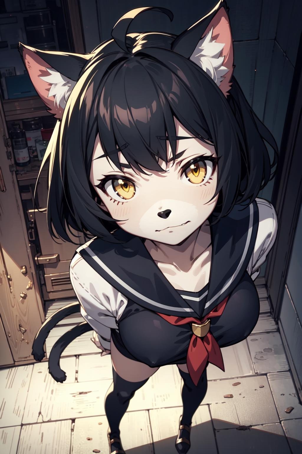 (masterpiece, best quality:1.2), (detailed skin, skin texture), best quality, highres, cinematic, cinematic lighting, black outline, sharp focus, highly detailed, (anime:1.5),1girl, perfect eyes, perfect face, medium breasts, yellow eyes, black hair,highlights,blunt bangs,ahoge, thighhigh socks, (furry:1.1), cat, black serafuku, 