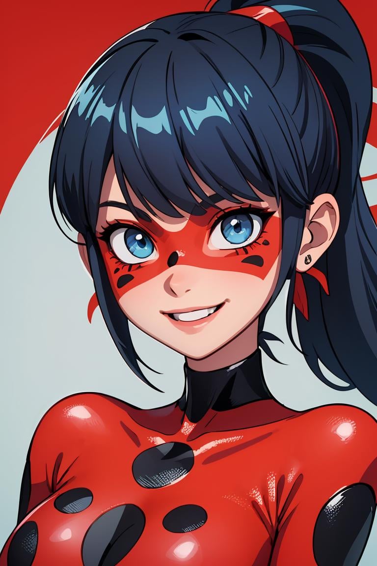 (masterpiece, best quality), 1girl, <lora:Ladybug:1> Dark blue, bob-cut hair with a ponytail, red mask with black spots, greenish-blue eyes, smiling expression, red suit with black spots