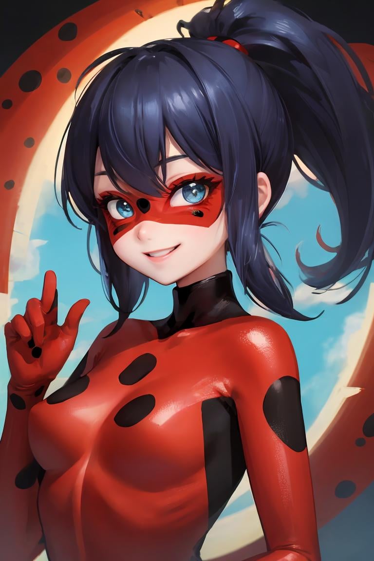 (masterpiece, best quality), 1girl, <lora:Ladybug:1> Dark blue, bob-cut hair with a ponytail, red mask with black spots, greenish-blue eyes, smiling expression, red suit with black spots