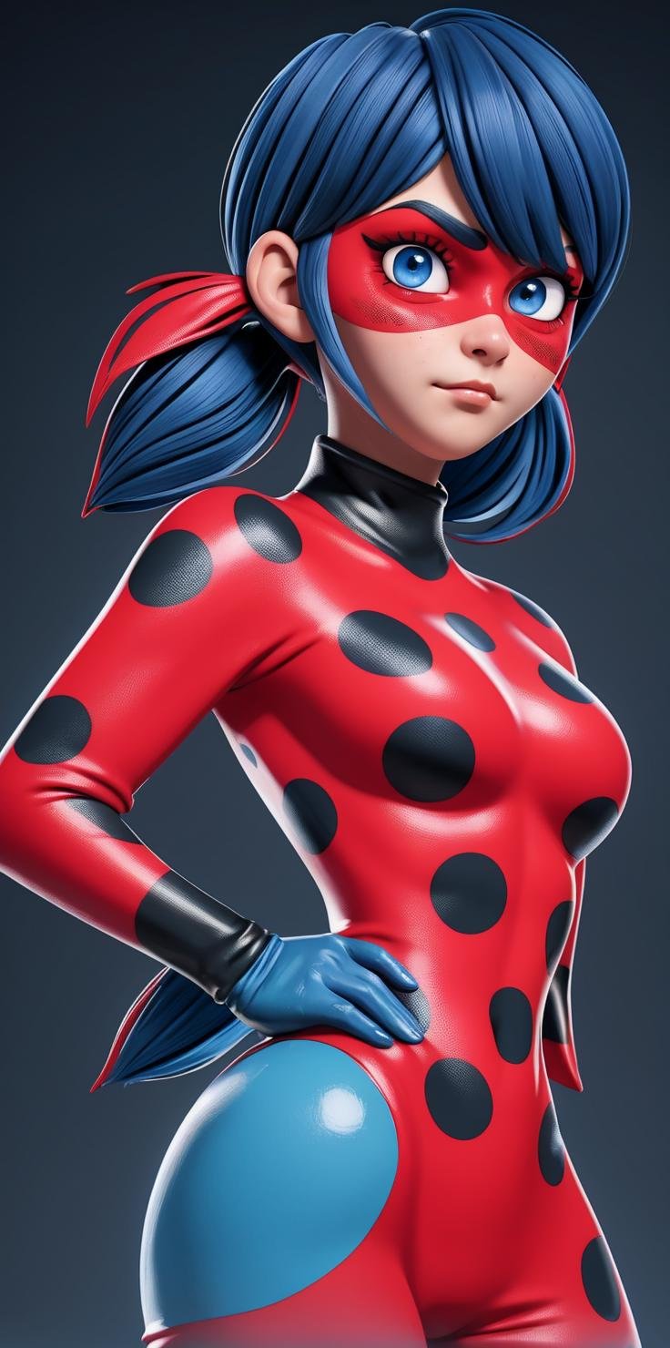 <lora:Ladybug:1> Dark blue, bob-cut hair with pigtails, blue eyes, normal expression, red mask with black spots, red with black spotted suit, close-up view of face and upper body, breast, hand on hip