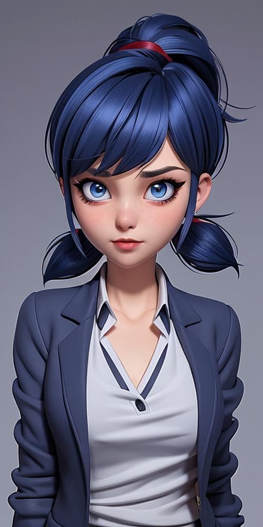 <lora:Ladybug:1> Dark blue, bob-cut hair with red-tipped ponytail, blue eyes, light makeup with winged eyeliner, neutral expression, white shirt with floral design, gray blazer, chest-up view