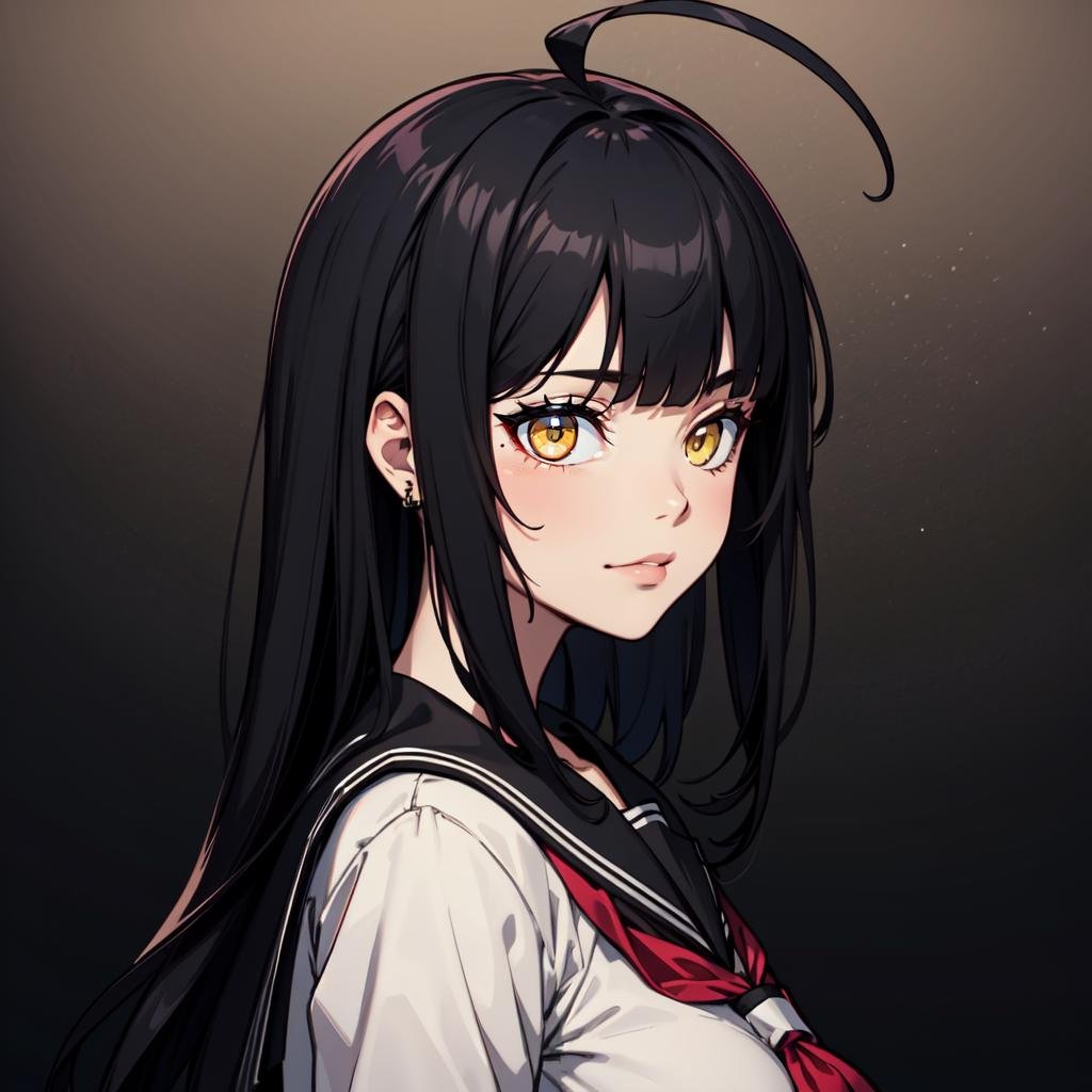 (masterpiece, best quality:1.2), (detailed skin, skin texture), best quality, (intricate detail:1.2), highres, cinematic, sharp focus, cinematic lighting, black outline, perfect face, perfect eyes, from side, looking at another, on back, smug1girl, long black hair,blunt bangs,large ahoge,yellow eyes, breasts, jewelry. sticker, simple background, gradient background, black serafuku, 