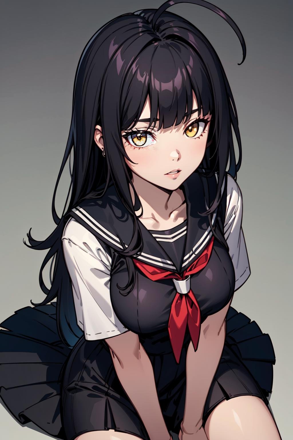 (masterpiece, best quality:1.2), (detailed skin, skin texture), best quality, (intricate detail:1.2), highres, cinematic, sharp focus, cinematic lighting, black outline, perfect face, perfect eyes, from above, looking at viewer, sitting, parted lips1girl, long black hair,blunt bangs,large ahoge,yellow eyes, breasts, jewelry. sticker, simple background, gradient background, black serafuku, 