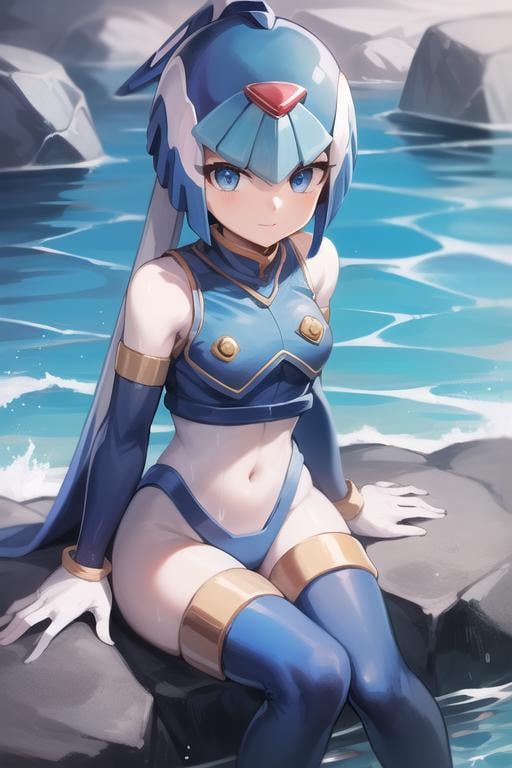 leviathan_megamanz, 1girl, solo, blue eyes, android, helmet, sitting in rock, thighhighs, water, high quality, masterpiece, <lora:Leviathan_MegaMan_Zero-05:1>