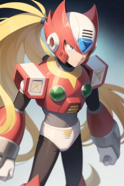 zero_megamanx, 1boy, solo, blue eyes, blonde hair, ponytail, very long hair, long hair, helmet, android, male focus, furious, masterpiece, high quality, <lora:Zero_MegaMan_X_V-09:1>