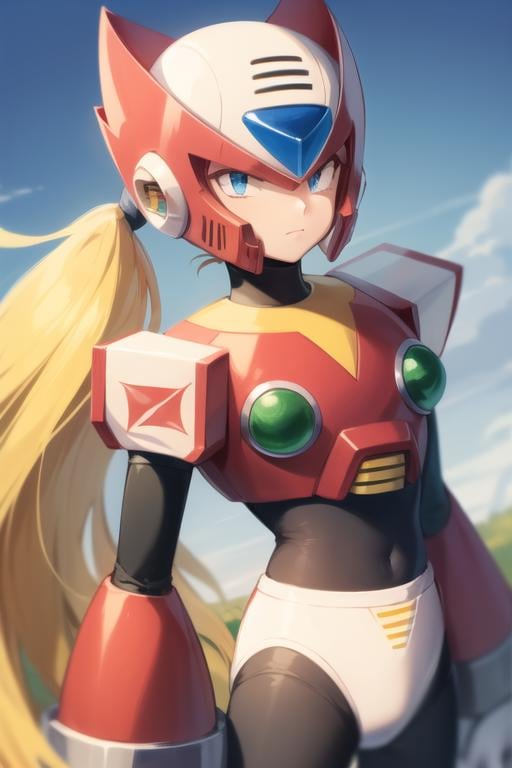 zero_megamanx, 1boy, solo, blue eyes, blonde hair, ponytail, long hair, helmet, android, male focus, two green boobs, portrait, masterpiece, high quality, <lora:Zero_MegaMan_X_V-09:1>