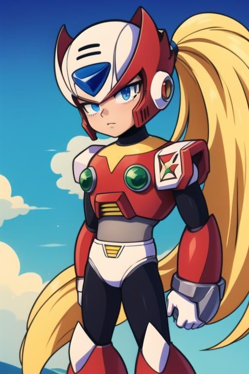 zero_megamanx, 1boy, solo, blue eyes, blonde hair, ponytail, very long hair, long hair, helmet, android, male focus, masterpiece, high quality, <lora:Zero_MegaMan_X_V-09:1>