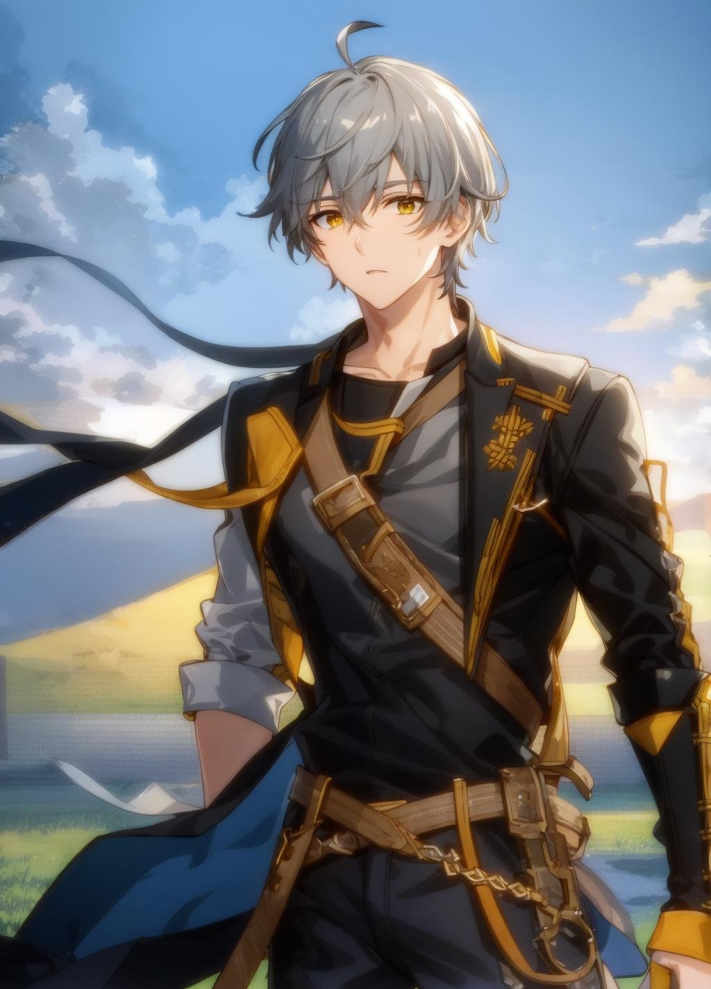 best quality, masterpiece, highres, male focus, 1boy, solo, bara, gray hair, caelus, yellow eyes, looking at viewer, detailed face, highly detailed, beautiful, beautiful lighting, blush, bulge, god rays, light rays,  party,  depth of field, formal, yellow and black jacket, grimacing, blush, holding baseball bat, grass field, sweating, sweat,  grass, blue sky, day, sunlight, (Eachcolorblockisclearlydistinguished:1.1), <lora:caelus:0.6>