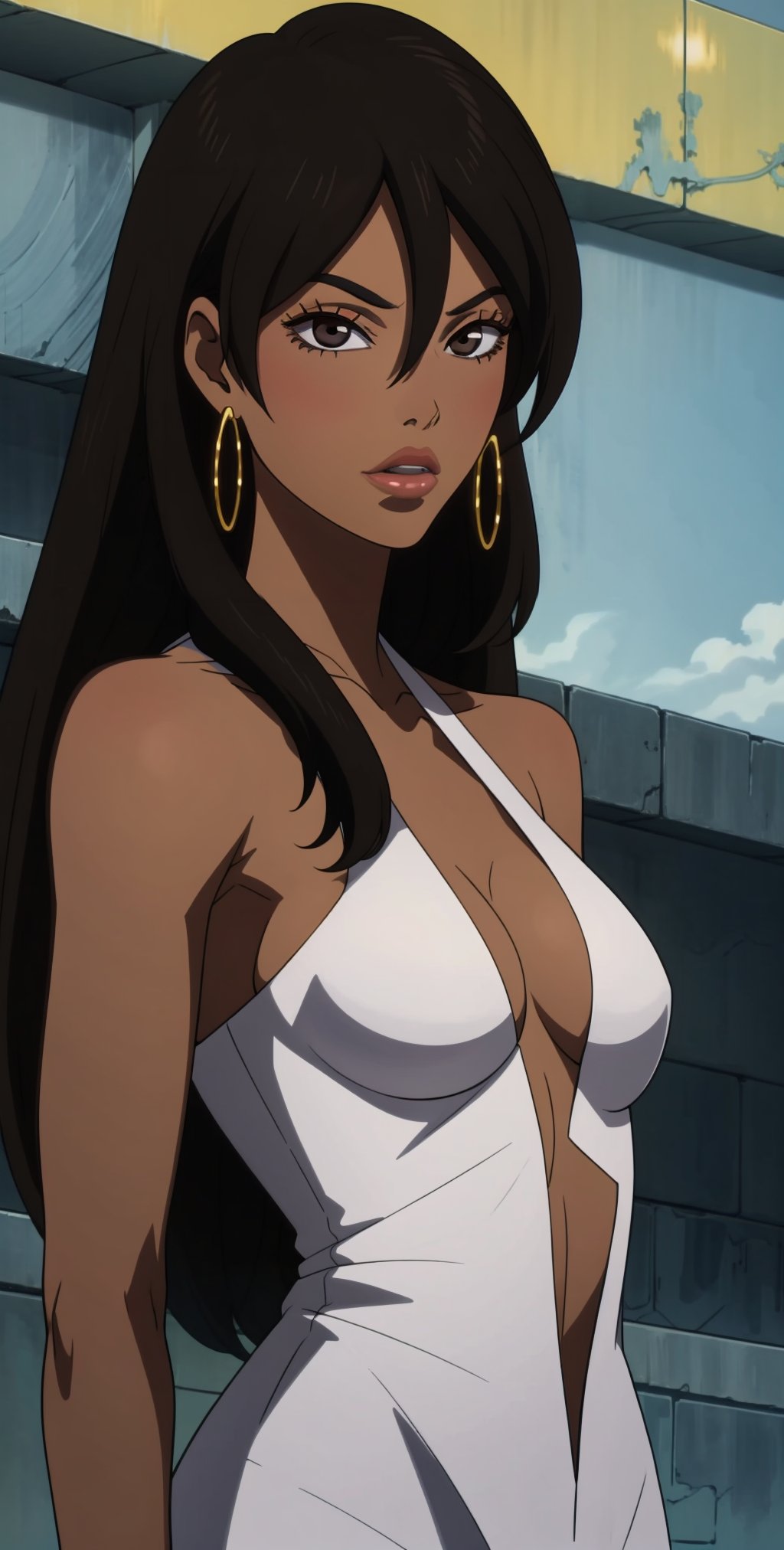  Michiko Malandro, 1girl, solo, dark skin, dark-skinned female, earrings, long hair, jewelry, black hair, hair between eyes, looking at viewer, brown eyes, halter top dress, glossy lips, eyeliner, make up,Michiko Malandro,agawa