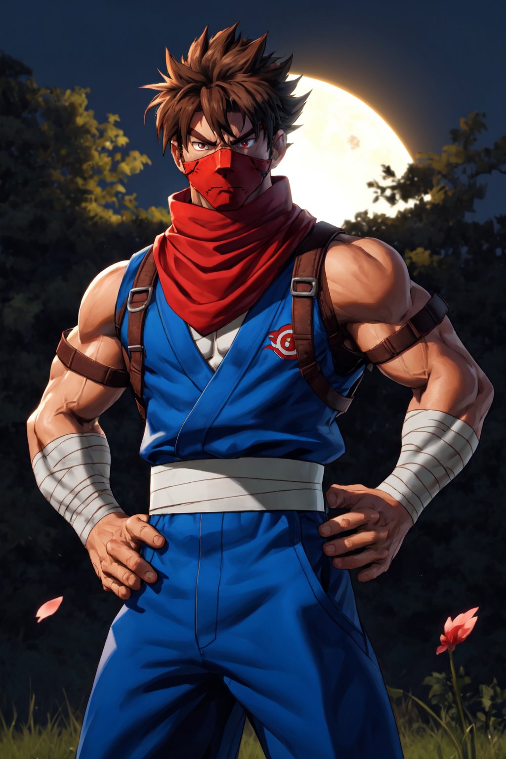 Strider_Hiryu, solo, brown hair, red eyes, 1boy, male focus, scarf, mask, bandages, armband, red scarf, ninja, moon light, sakura falling, standing, hand on hips, blue shirt, ultra realistic,32k,RAW photo,(high detailed skin:1.2), 8k uhd, dslr, soft lighting, high quality, film grain