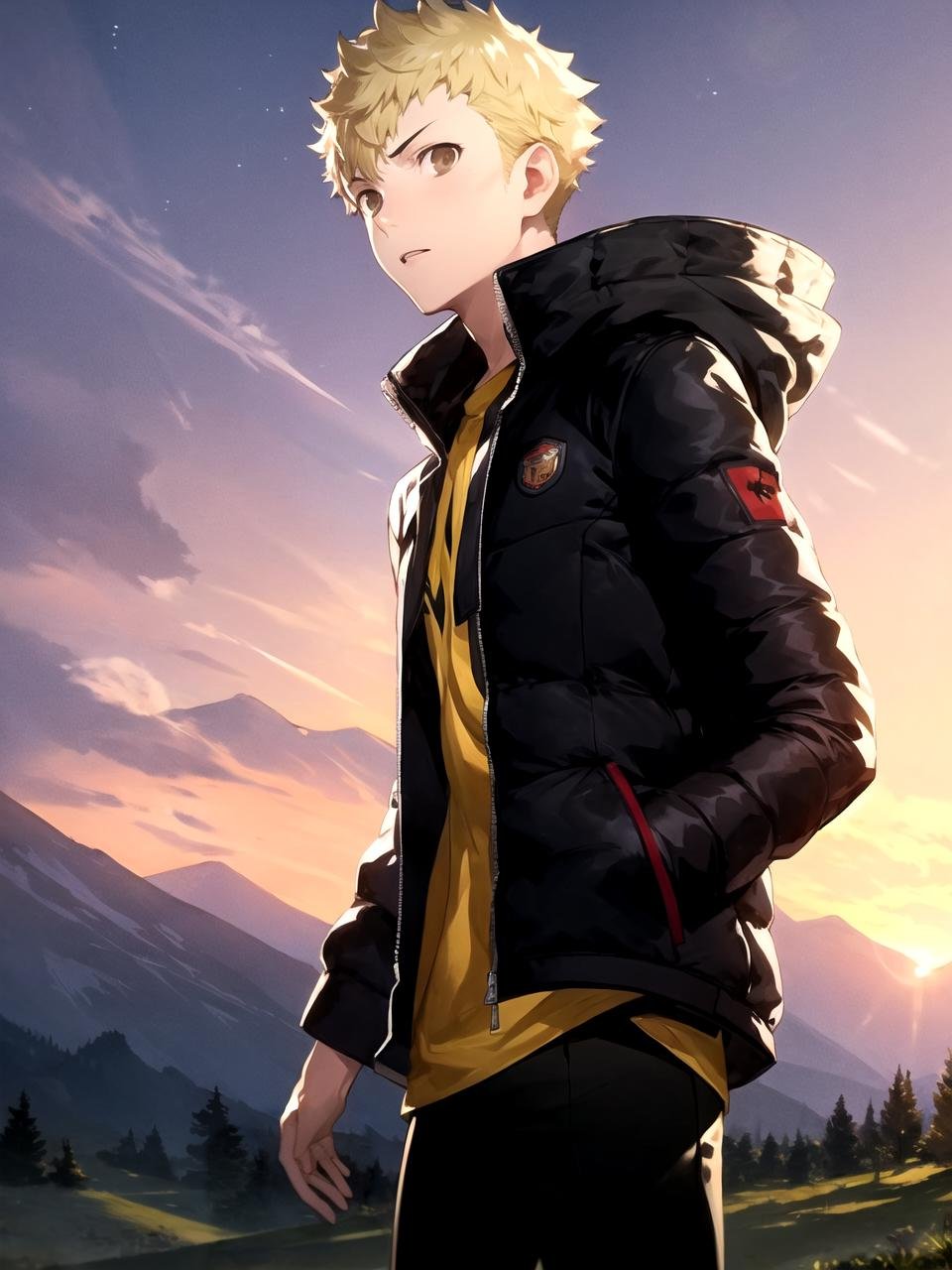 masterpiece, best quality, 1boy, solo, male focus, dsryuuji, blonde hair, short hair, brown eyes, jacket, pants, standing, outdoors, mountain pass, sunset, lens flare, cowboy shot, (soejima shigenori, persona 5:0.6) <lyco:dsryuuji_lc_768:1>