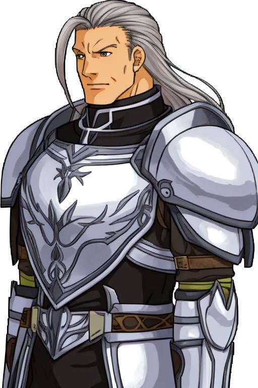 <lora:FESprite FE9-10-Style Macross:0.8>, solo focus, (FE9-Style, Halfbody, No Frames:1.1), simple background, colored skin, 1boy, mature male, Hanten, Heavily Armored Clothes, Grey Hair, Long Hair