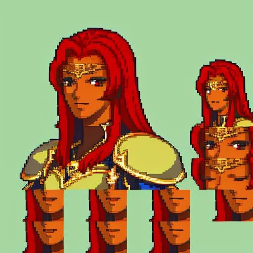 <lora:FESprite Quarterbody-Only Ethical Macross v1:0.8>, solo focus, (quarterbody, frames, vanilla fire emblem:1.1), simple background, dark skin, 1girl, mature woman, large breasts, Sailor Dress, Heavily Armored Clothes, Red Hair, Medium Hair