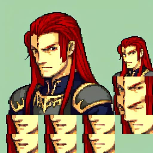 <lora:FESprite Quarterbody-Only Ethical Macross v1:0.8>, solo focus, (quarterbody, frames, vanilla fire emblem:1.1), simple background, caucasian, 1boy, mature male, Pant Suit, Metallic Steel Gauntlets, Red Hair, Very Long Hair