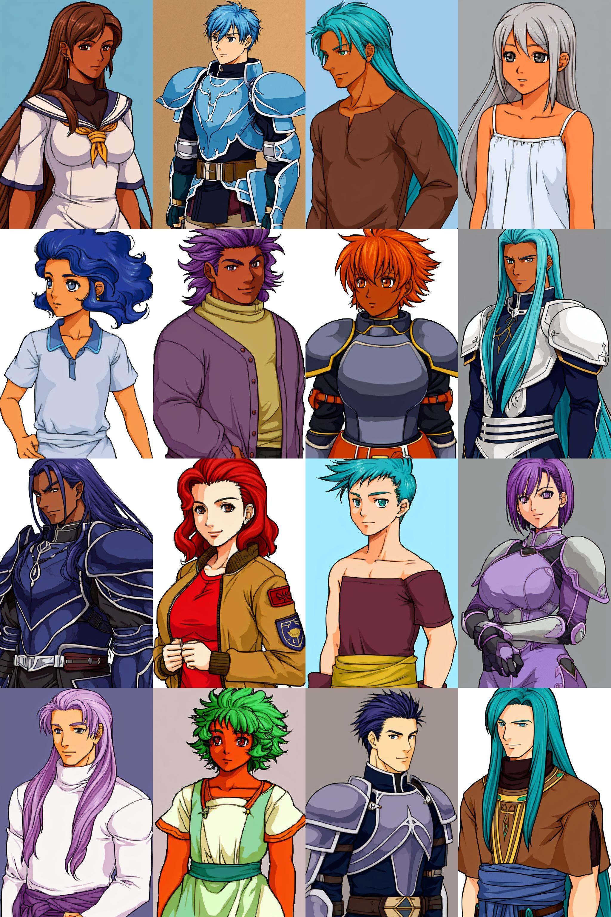 <lora:FESprite FE9-Style Macross:0.8>, solo focus, (halfbody, no frames, fe9-style:1.1), simple background, dark skin, 1girl, mature woman, large breasts, Sailor Dress, Heavily Armored Clothes, Brown Hair, Absurdly Long Hair