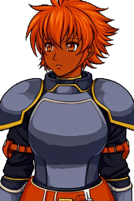 <lora:FESprite FE9-Style Macross:0.8>, solo focus, (halfbody, no frames, fe9-style:1.1), simple background, dark skin, 1girl, teenage girl, aged down, Navy Uniform, Armored Dress, Orange Hair, Short Hair