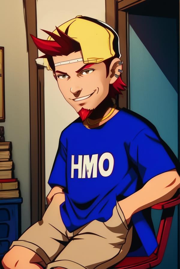 Joe,red goatee, upper body, red hair, solo, hands in pockets, solo, smirk,  brown eyes,  loose shirt ,blue t-shirt with letters, backwards  baseball cap,  cargo shorts,  ear piercings, sitting, smile,  movie theater, indoors, (insanely detailed, beautiful detailed face, masterpiece, best quality) <lora:Viewtifuljoe-10v5:0.8>