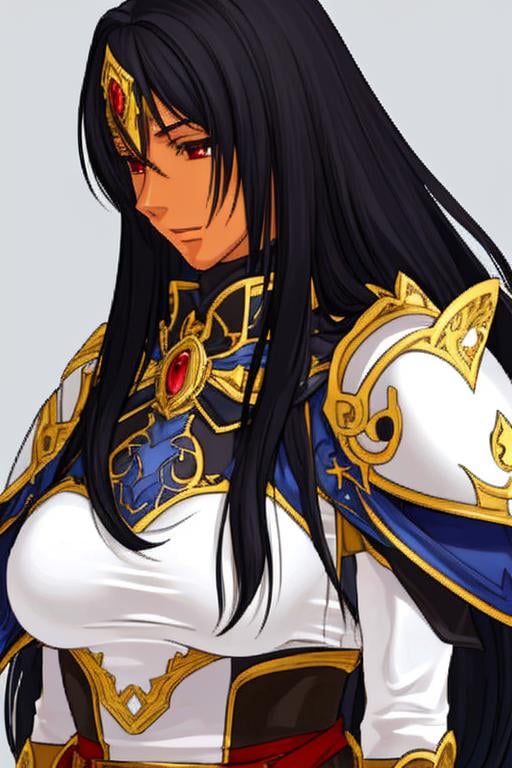 <lora:FESprite FE10-Style Macross:0.8>, solo focus, (halfbody, no frames, fe10-style:1.1), simple background, colored skin, 1girl, mature woman, large breasts, Hanten, Heavily Armored Clothes, Black Hair, Very Long Hair