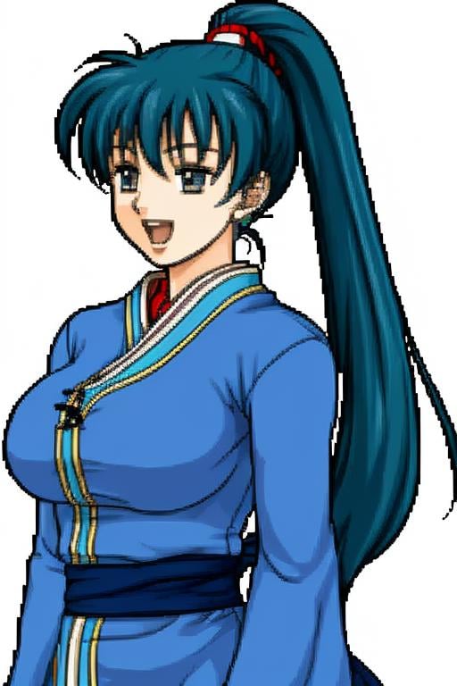 <lora:KlokGen Nu-Ethical Macross v1:0.8>, solo focus, (Halfbody, No Frames:1.3), Tellius-Style, simple background, 1girl, mature woman, large breasts, Lyn \(Fire Emblem\), Blue hair, high ponytail, long hair, happy, smile, open mouth