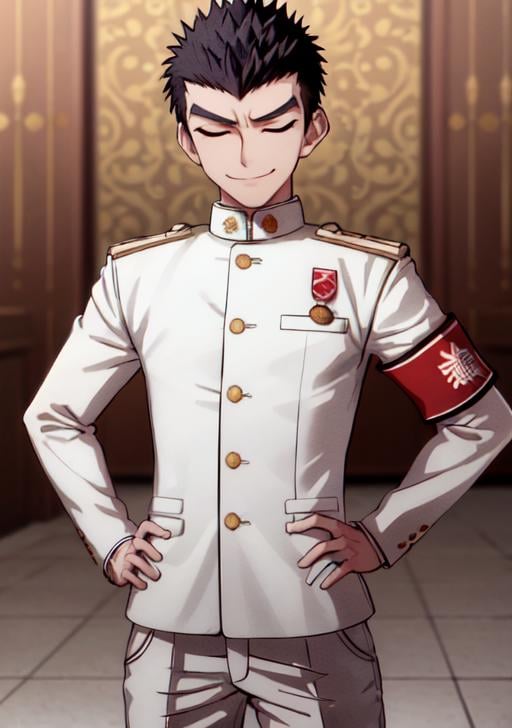 masterpiece, best quality, <lora:IshimaruB2-16:0.7>, 1boy, thick eyebrows, red eyes, very short hair, white jacket, white_pants, long sleeves, armband, hands on hips, smile, closed eyes, (ishimaru kiyotaka:0.9),  