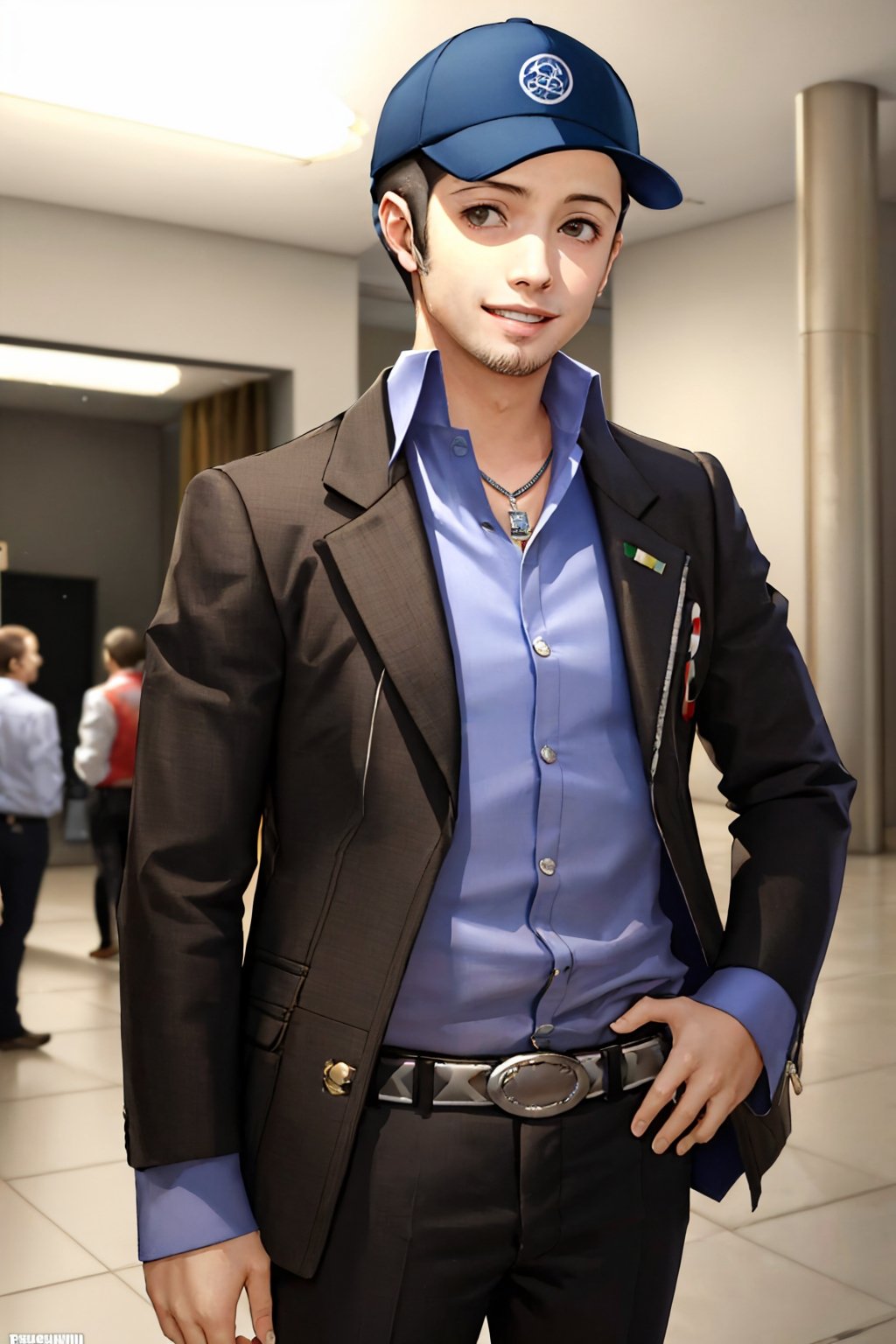 (masterpiece, best quality:1.2), solo, male focus, 1boy, iori junpei, smile, looking at viewer, hand on hip, baseball cap, jacket, long sleeves, shirt, black pants, belt, necklace <lora:persona3_junpeiiori:1.0>