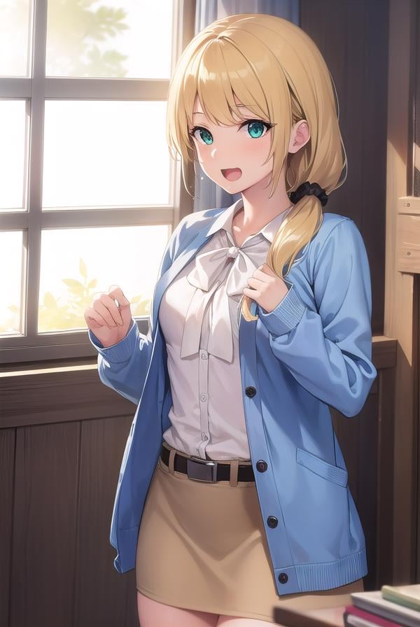 ellenbaker, <lora:ellenbaker-lora-nochekaiser:1>,ellen baker, blonde hair, (green eyes:1.5), long hair, ponytail, scrunchie, <lora:talkmouth_A_v100:0.8>, open mouth,BREAK shirt, white shirt, collared shirt, cardigan, blue cardigan, belt, skirt, brown skirt, pencil skirt,BREAK indoors, classroom,BREAK looking at viewer, (cowboy shot:1.5),BREAK <lyco:GoodHands-beta2:1>, (masterpiece:1.2), best quality, high resolution, unity 8k wallpaper, (illustration:0.8), (beautiful detailed eyes:1.6), extremely detailed face, perfect lighting, extremely detailed CG, (perfect hands, perfect anatomy),