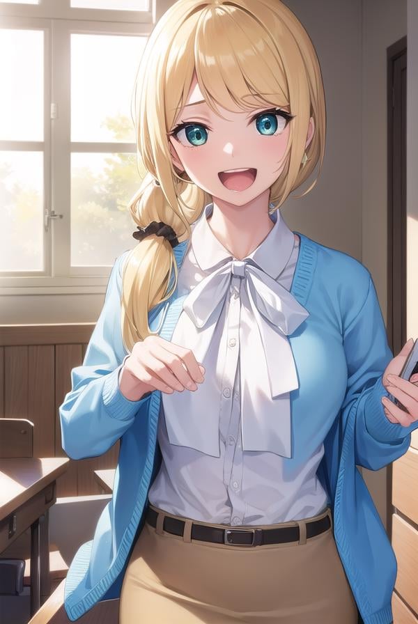 ellenbaker, <lora:ellenbaker-lora-nochekaiser:1>,ellen baker, blonde hair, (green eyes:1.5), long hair, ponytail, scrunchie, <lora:talkmouth_A_v100:0.8>, open mouth,BREAK shirt, white shirt, collared shirt, cardigan, blue cardigan, belt, skirt, brown skirt, pencil skirt,BREAK indoors, classroom,BREAK looking at viewer, (cowboy shot:1.5),BREAK <lyco:GoodHands-beta2:1>, (masterpiece:1.2), best quality, high resolution, unity 8k wallpaper, (illustration:0.8), (beautiful detailed eyes:1.6), extremely detailed face, perfect lighting, extremely detailed CG, (perfect hands, perfect anatomy),