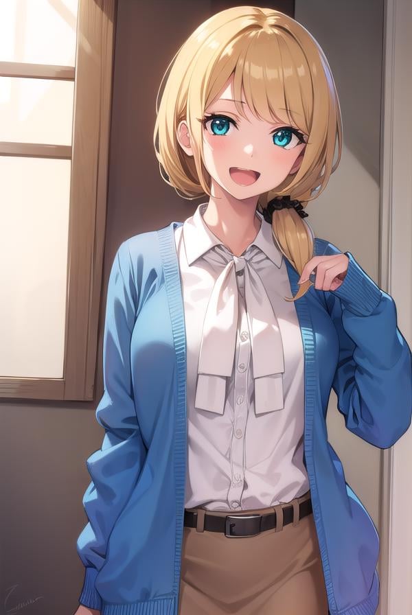 ellenbaker, <lora:ellenbaker-lora-nochekaiser:1>,ellen baker, blonde hair, (green eyes:1.5), long hair, ponytail, scrunchie, <lora:talkmouth_A_v100:0.8>, open mouth,BREAK shirt, white shirt, collared shirt, cardigan, blue cardigan, belt, skirt, brown skirt, pencil skirt,BREAK indoors, classroom,BREAK looking at viewer, (cowboy shot:1.5),BREAK <lyco:GoodHands-beta2:1>, (masterpiece:1.2), best quality, high resolution, unity 8k wallpaper, (illustration:0.8), (beautiful detailed eyes:1.6), extremely detailed face, perfect lighting, extremely detailed CG, (perfect hands, perfect anatomy),