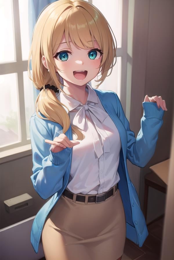 ellenbaker, <lora:ellenbaker-lora-nochekaiser:1>,ellen baker, blonde hair, (green eyes:1.5), long hair, ponytail, scrunchie, <lora:talkmouth_A_v100:0.8>, open mouth,BREAK shirt, white shirt, collared shirt, cardigan, blue cardigan, belt, skirt, brown skirt, pencil skirt,BREAK indoors, classroom,BREAK looking at viewer, (cowboy shot:1.5),BREAK <lyco:GoodHands-beta2:1>, (masterpiece:1.2), best quality, high resolution, unity 8k wallpaper, (illustration:0.8), (beautiful detailed eyes:1.6), extremely detailed face, perfect lighting, extremely detailed CG, (perfect hands, perfect anatomy),