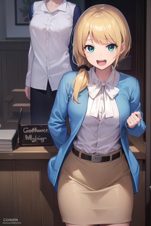 ellenbaker, <lora:ellenbaker-lora-nochekaiser:1>,ellen baker, blonde hair, (green eyes:1.5), long hair, ponytail, scrunchie, <lora:talkmouth_A_v100:0.8>, open mouth,BREAK shirt, white shirt, collared shirt, cardigan, blue cardigan, belt, skirt, brown skirt, pencil skirt,BREAK indoors, classroom,BREAK looking at viewer, (cowboy shot:1.5),BREAK <lyco:GoodHands-beta2:1>, (masterpiece:1.2), best quality, high resolution, unity 8k wallpaper, (illustration:0.8), (beautiful detailed eyes:1.6), extremely detailed face, perfect lighting, extremely detailed CG, (perfect hands, perfect anatomy),