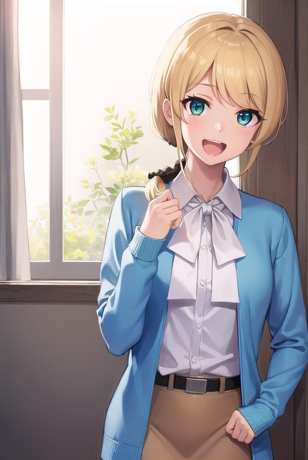 ellenbaker, <lora:ellenbaker-lora-nochekaiser:1>,ellen baker, blonde hair, (green eyes:1.5), long hair, ponytail, scrunchie, <lora:talkmouth_A_v100:0.8>, open mouth,BREAK shirt, white shirt, collared shirt, cardigan, blue cardigan, belt, skirt, brown skirt, pencil skirt,BREAK indoors, classroom,BREAK looking at viewer, (cowboy shot:1.5),BREAK <lyco:GoodHands-beta2:1>, (masterpiece:1.2), best quality, high resolution, unity 8k wallpaper, (illustration:0.8), (beautiful detailed eyes:1.6), extremely detailed face, perfect lighting, extremely detailed CG, (perfect hands, perfect anatomy),