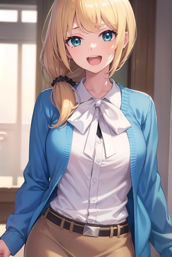 ellenbaker, <lora:ellenbaker-lora-nochekaiser:1>,ellen baker, blonde hair, (green eyes:1.5), long hair, ponytail, scrunchie, <lora:talkmouth_A_v100:0.8>, open mouth,BREAK shirt, white shirt, collared shirt, cardigan, blue cardigan, belt, skirt, brown skirt, pencil skirt,BREAK indoors, classroom,BREAK looking at viewer, (cowboy shot:1.5),BREAK <lyco:GoodHands-beta2:1>, (masterpiece:1.2), best quality, high resolution, unity 8k wallpaper, (illustration:0.8), (beautiful detailed eyes:1.6), extremely detailed face, perfect lighting, extremely detailed CG, (perfect hands, perfect anatomy),