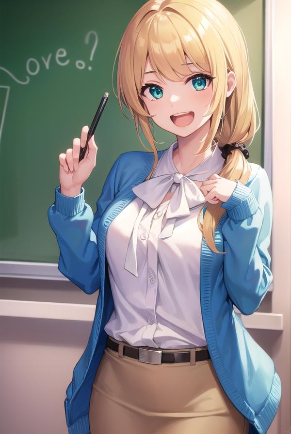 ellenbaker, <lora:ellenbaker-lora-nochekaiser:1>,ellen baker, blonde hair, (green eyes:1.5), long hair, ponytail, scrunchie, <lora:talkmouth_A_v100:0.8>, open mouth,BREAK shirt, white shirt, collared shirt, cardigan, blue cardigan, belt, skirt, brown skirt, pencil skirt,BREAK indoors, classroom,BREAK looking at viewer, (cowboy shot:1.5),BREAK <lyco:GoodHands-beta2:1>, (masterpiece:1.2), best quality, high resolution, unity 8k wallpaper, (illustration:0.8), (beautiful detailed eyes:1.6), extremely detailed face, perfect lighting, extremely detailed CG, (perfect hands, perfect anatomy),