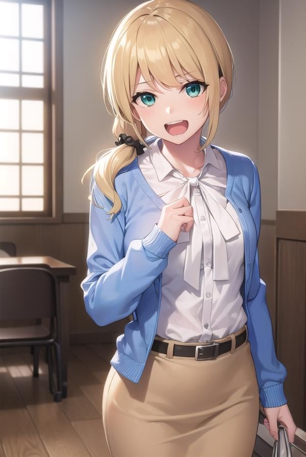 ellenbaker, <lora:ellenbaker-lora-nochekaiser:1>,ellen baker, blonde hair, (green eyes:1.5), long hair, ponytail, scrunchie, <lora:talkmouth_A_v100:0.8>, open mouth,BREAK shirt, white shirt, collared shirt, cardigan, blue cardigan, belt, skirt, brown skirt, pencil skirt,BREAK indoors, classroom,BREAK looking at viewer, (cowboy shot:1.5),BREAK <lyco:GoodHands-beta2:1>, (masterpiece:1.2), best quality, high resolution, unity 8k wallpaper, (illustration:0.8), (beautiful detailed eyes:1.6), extremely detailed face, perfect lighting, extremely detailed CG, (perfect hands, perfect anatomy),