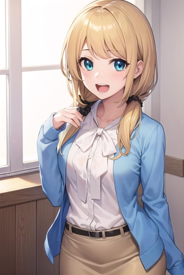 ellenbaker, <lora:ellenbaker-lora-nochekaiser:1>,ellen baker, blonde hair, (green eyes:1.5), long hair, ponytail, scrunchie, <lora:talkmouth_A_v100:0.8>, open mouth,BREAK shirt, white shirt, collared shirt, cardigan, blue cardigan, belt, skirt, brown skirt, pencil skirt,BREAK indoors, classroom,BREAK looking at viewer, (cowboy shot:1.5),BREAK <lyco:GoodHands-beta2:1>, (masterpiece:1.2), best quality, high resolution, unity 8k wallpaper, (illustration:0.8), (beautiful detailed eyes:1.6), extremely detailed face, perfect lighting, extremely detailed CG, (perfect hands, perfect anatomy),