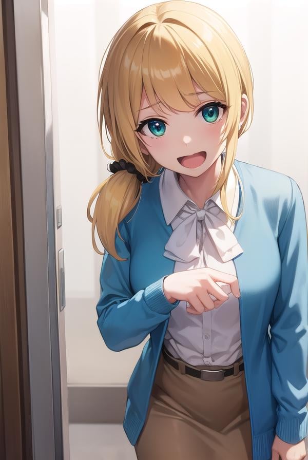 ellenbaker, <lora:ellenbaker-lora-nochekaiser:1>,ellen baker, blonde hair, (green eyes:1.5), long hair, ponytail, scrunchie, <lora:talkmouth_A_v100:0.8>, open mouth,BREAK shirt, white shirt, collared shirt, cardigan, blue cardigan, belt, skirt, brown skirt, pencil skirt,BREAK indoors, classroom,BREAK looking at viewer, (cowboy shot:1.5),BREAK <lyco:GoodHands-beta2:1>, (masterpiece:1.2), best quality, high resolution, unity 8k wallpaper, (illustration:0.8), (beautiful detailed eyes:1.6), extremely detailed face, perfect lighting, extremely detailed CG, (perfect hands, perfect anatomy),