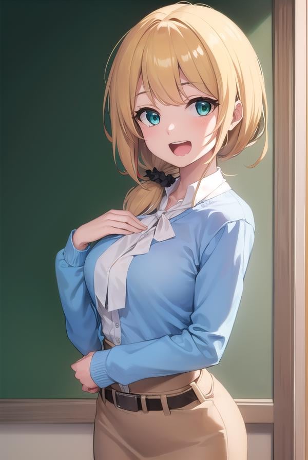 ellenbaker, <lora:ellenbaker-lora-nochekaiser:1>,ellen baker, blonde hair, (green eyes:1.5), long hair, ponytail, scrunchie, <lora:talkmouth_A_v100:0.8>, open mouth,BREAK shirt, white shirt, collared shirt, cardigan, blue cardigan, belt, skirt, brown skirt, pencil skirt,BREAK indoors, classroom,BREAK looking at viewer, (cowboy shot:1.5),BREAK <lyco:GoodHands-beta2:1>, (masterpiece:1.2), best quality, high resolution, unity 8k wallpaper, (illustration:0.8), (beautiful detailed eyes:1.6), extremely detailed face, perfect lighting, extremely detailed CG, (perfect hands, perfect anatomy),