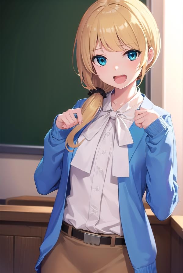 ellenbaker, <lora:ellenbaker-lora-nochekaiser:1>,ellen baker, blonde hair, (green eyes:1.5), long hair, ponytail, scrunchie, <lora:talkmouth_A_v100:0.8>, open mouth,BREAK shirt, white shirt, collared shirt, cardigan, blue cardigan, belt, skirt, brown skirt, pencil skirt,BREAK indoors, classroom,BREAK looking at viewer, (cowboy shot:1.5),BREAK <lyco:GoodHands-beta2:1>, (masterpiece:1.2), best quality, high resolution, unity 8k wallpaper, (illustration:0.8), (beautiful detailed eyes:1.6), extremely detailed face, perfect lighting, extremely detailed CG, (perfect hands, perfect anatomy),