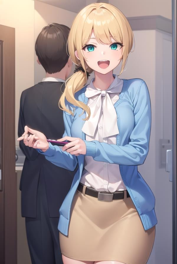 ellenbaker, <lora:ellenbaker-lora-nochekaiser:1>,ellen baker, blonde hair, (green eyes:1.5), long hair, ponytail, scrunchie, <lora:talkmouth_A_v100:0.8>, open mouth,BREAK shirt, white shirt, collared shirt, cardigan, blue cardigan, belt, skirt, brown skirt, pencil skirt,BREAK indoors, classroom,BREAK looking at viewer, (cowboy shot:1.5),BREAK <lyco:GoodHands-beta2:1>, (masterpiece:1.2), best quality, high resolution, unity 8k wallpaper, (illustration:0.8), (beautiful detailed eyes:1.6), extremely detailed face, perfect lighting, extremely detailed CG, (perfect hands, perfect anatomy),